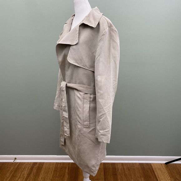 Banana Republic Trench Jacket Womens Large Beige Faux Suede Tie Belt Drape Front - Picture 3 of 11